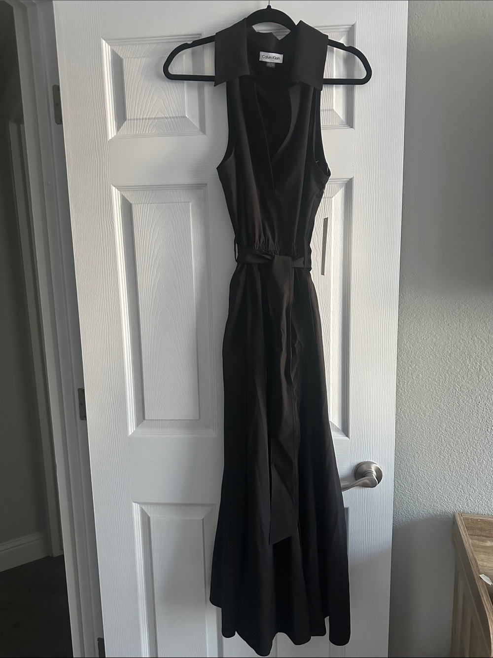 Calvin Klein Black Sleeveless Collared Maxi with Waist Tie